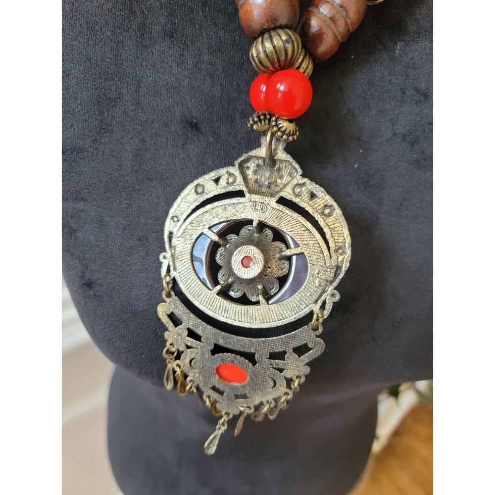 Women's Bohemian Antique Brass Statement Necklace With Lobster Clasp Red Beads - Picture 7 of 7